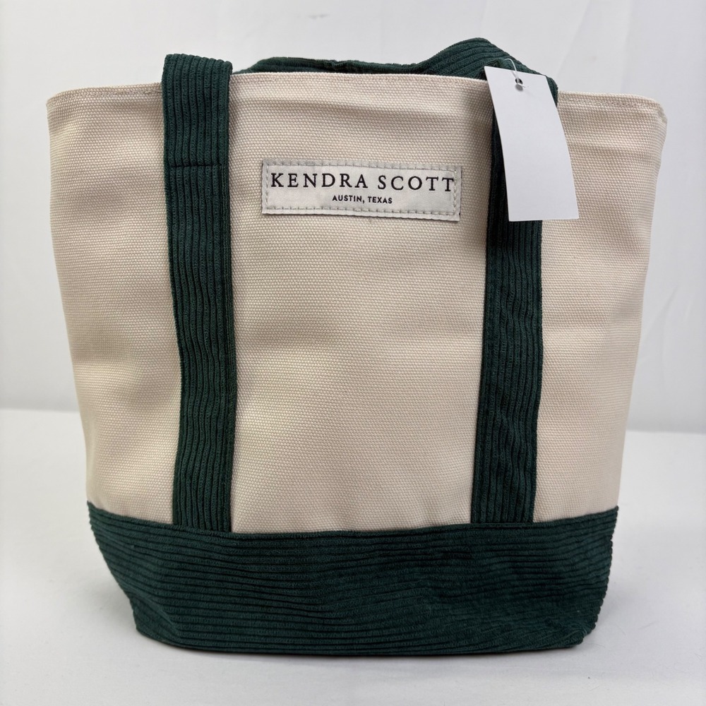 Kendra Scott Canvas Corduroy Boat Tote Bag Cream Dark Green Patch Logo NWT